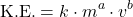 \[ \text{K.E.} = k \cdot m^a \cdot v^b \]