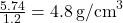 \frac{5.74}{1.2} = 4.8 \, \text{g/cm}^3