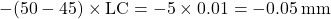 - (50 - 45) \times \text{LC} = -5 \times 0.01 = -0.05 \, \text{mm}