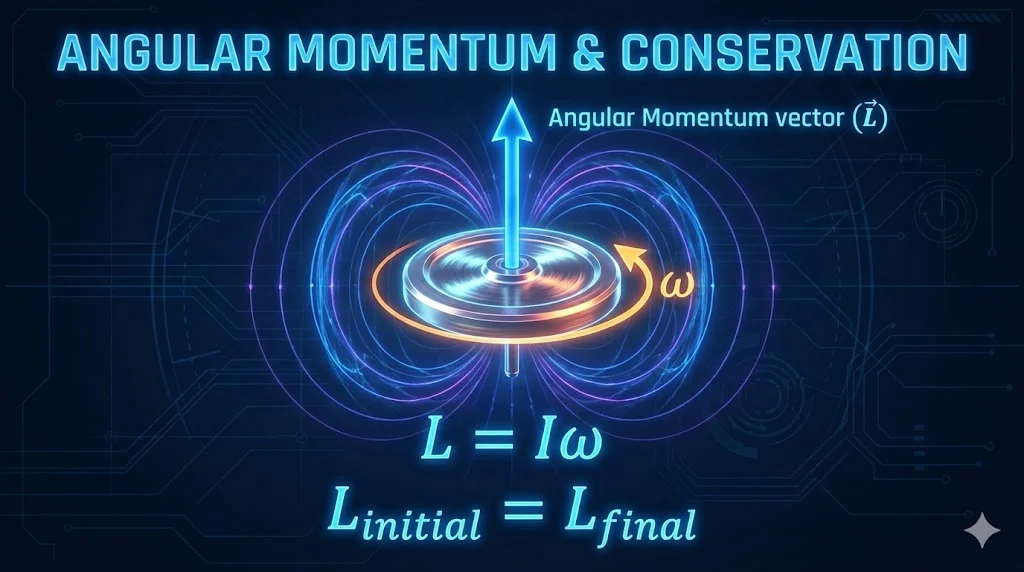 ap-physics-1-angular-momentum, A high-tech physics illustration of a spinning gyroscope with a vertical vector arrow representing Angular Momentum ($L$), showing the conservation equation $L_{initial} = L_{final}$.
