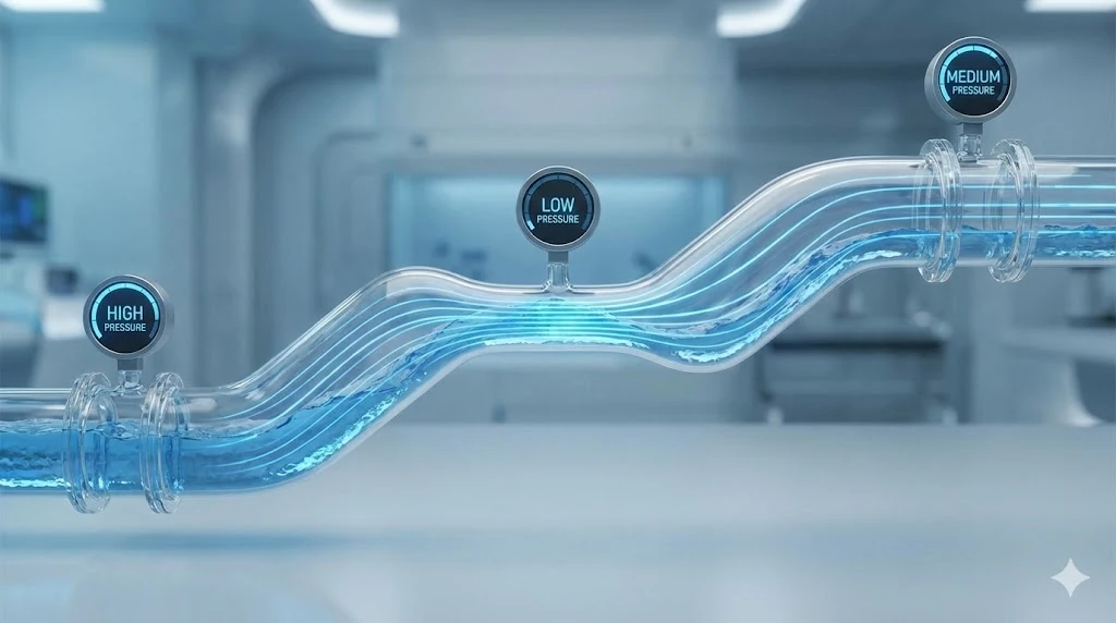 Scientific illustration of water flowing through a constricted glass pipe, showing streamlines moving faster in the narrow section.