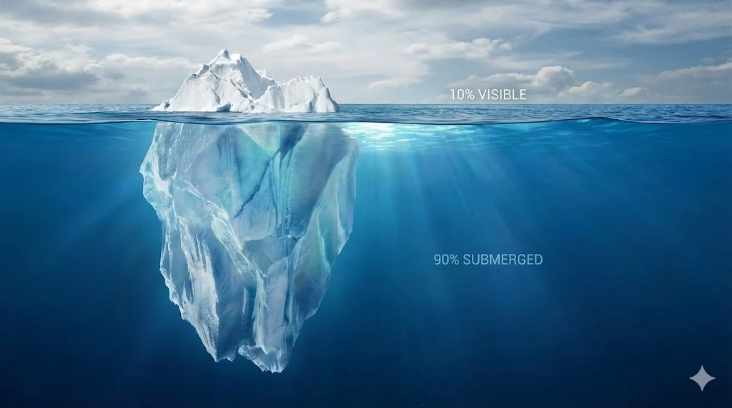 Split-view of an iceberg floating in the ocean, showing 10% volume above water and 90% below.