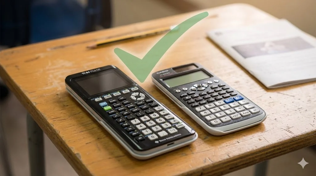 A TI-84 Plus CE graphing calculator and a Casio scientific calculator on a desk with a green checkmark indicating they are approved for the exam.
