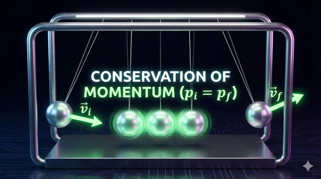 3D illustration of Newton's Cradle showing momentum transfer from one ball to another.