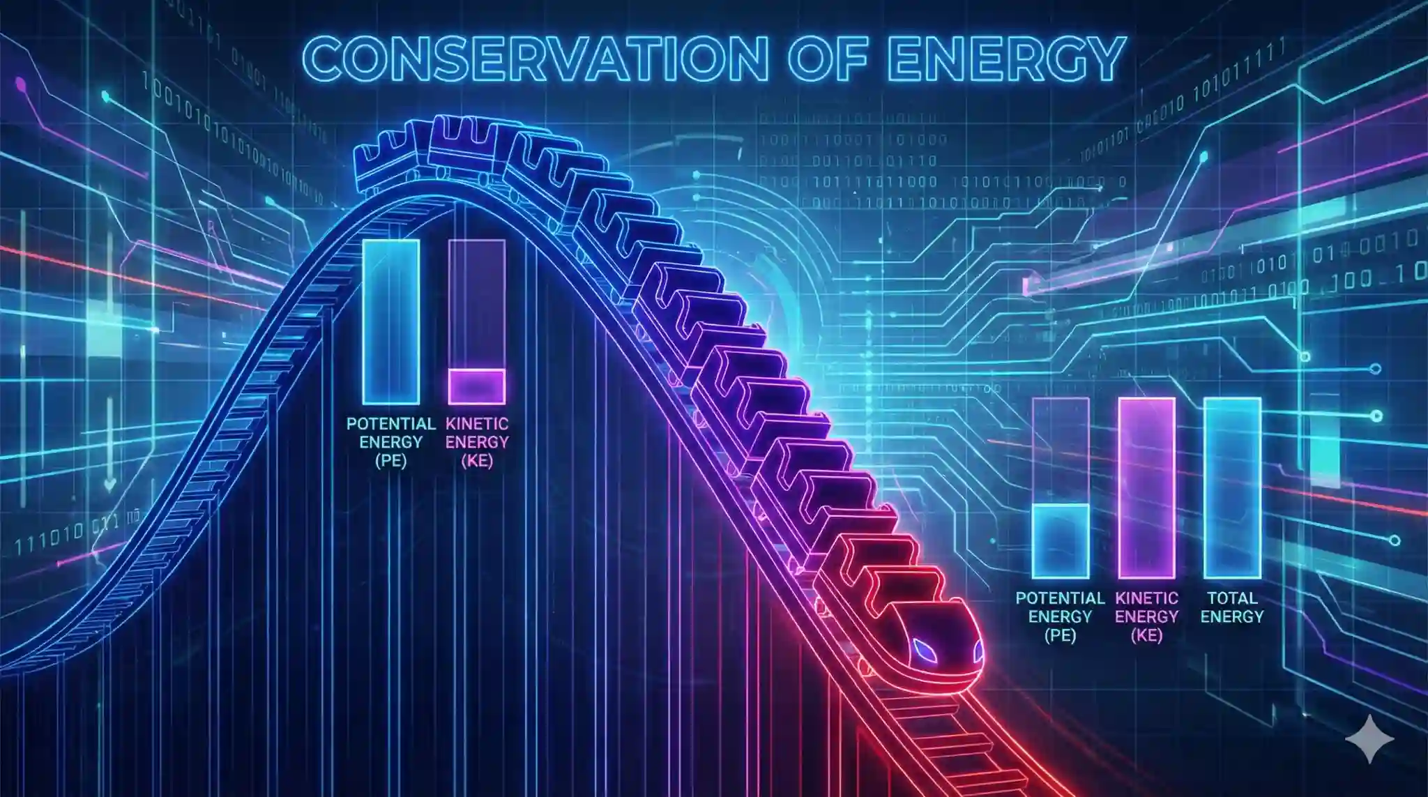 Neon rollercoaster illustration showing potential energy converting to kinetic energy with bar charts demonstrating total energy conservation.