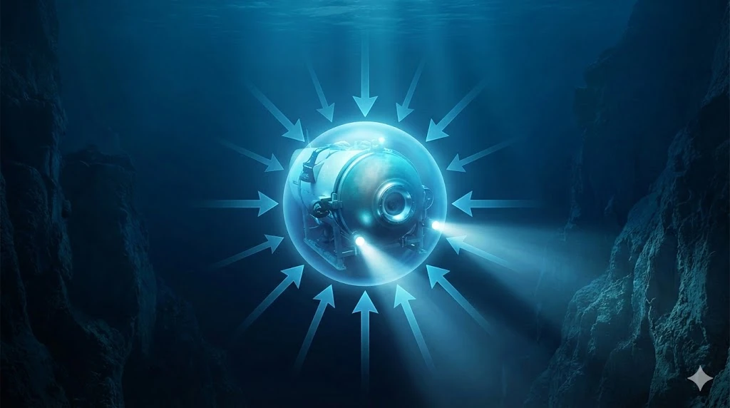 A deep-sea submersible descending into the ocean, with glowing arrows visualizing increasing hydrostatic pressure on the hull as depth increases.