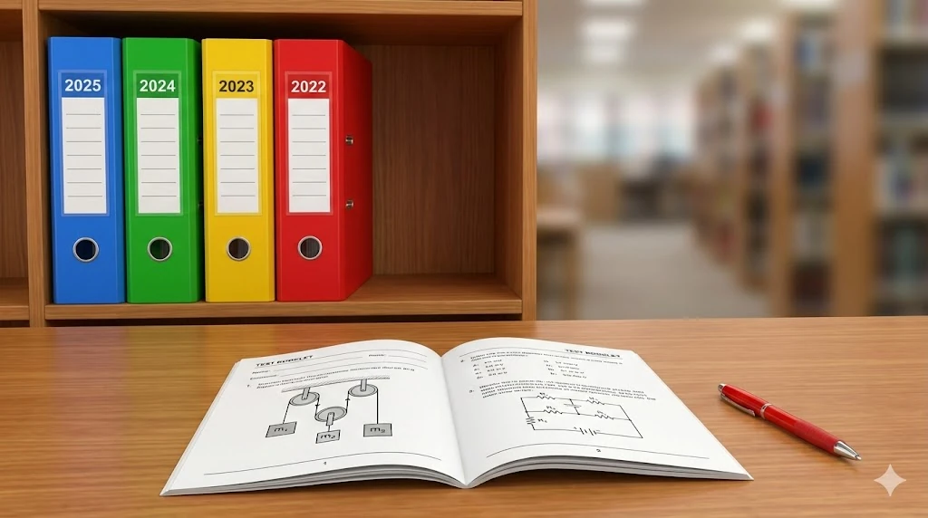 A library of past AP Physics 1 exam binders and an open test booklet.