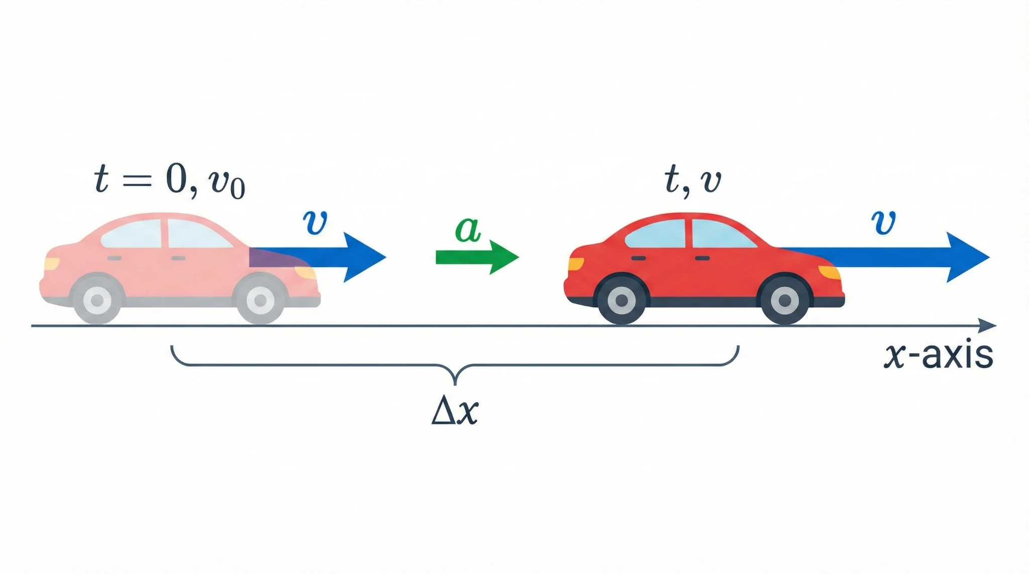 A motion diagram of a car accelerating, showing displacement, velocity, and acceleration vectors.