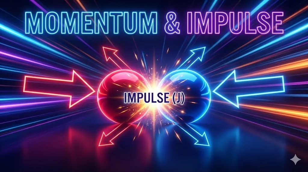 Abstract illustration of two billiard balls colliding with vector arrows showing momentum transfer and a flash representing Impulse.