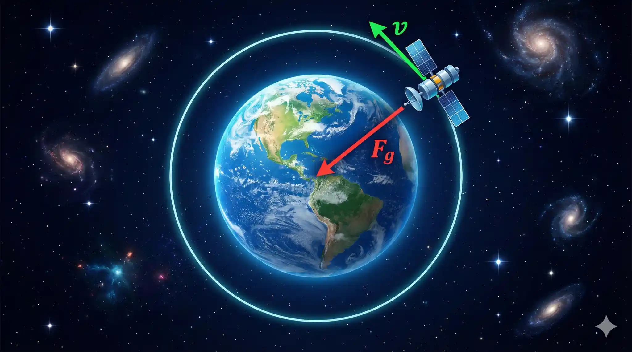 Illustration of a satellite orbiting Earth with velocity and gravitational force vectors.
