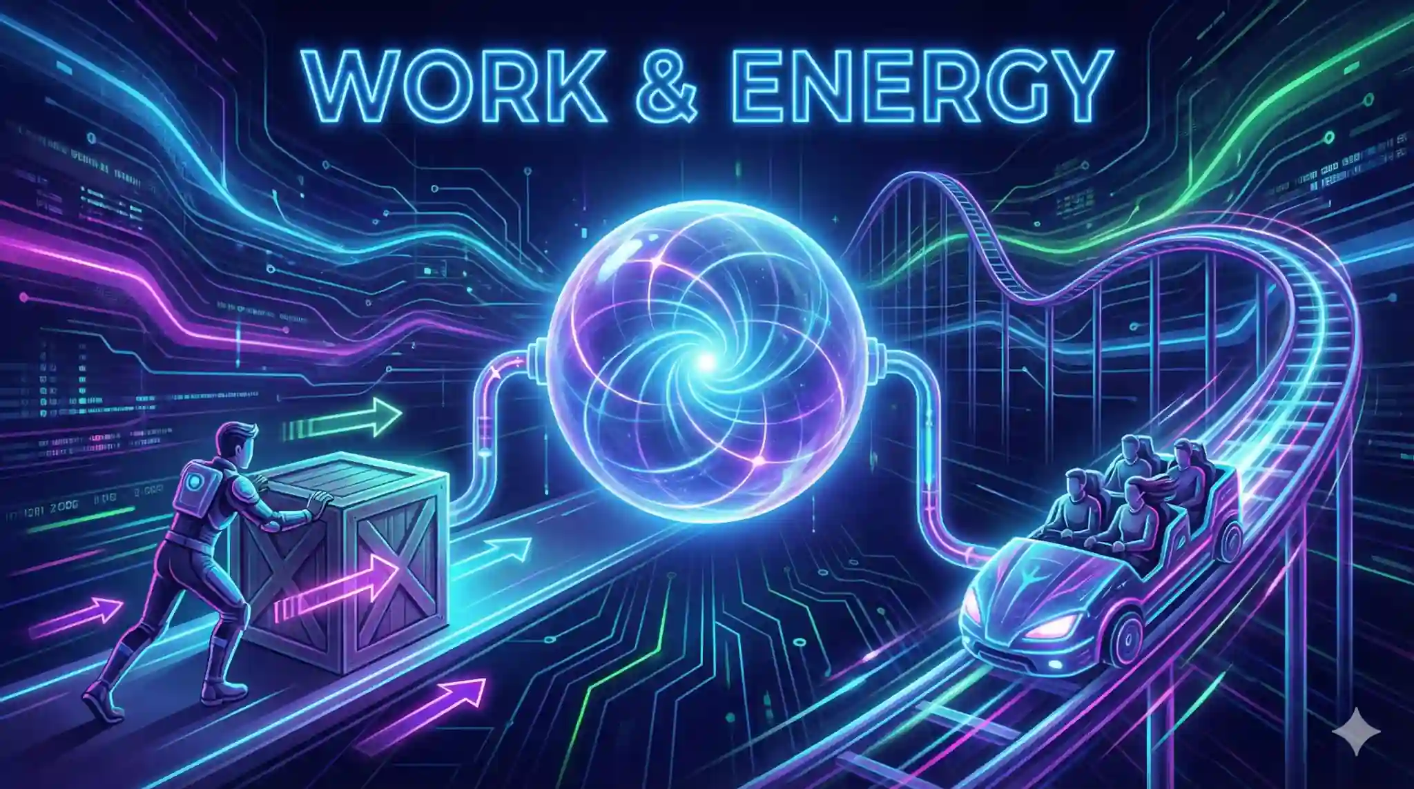 Abstract illustration for AP Physics 1 Unit 4 showing energy transfer, a person pushing a block (Work), and a roller coaster (Kinetic Energy).