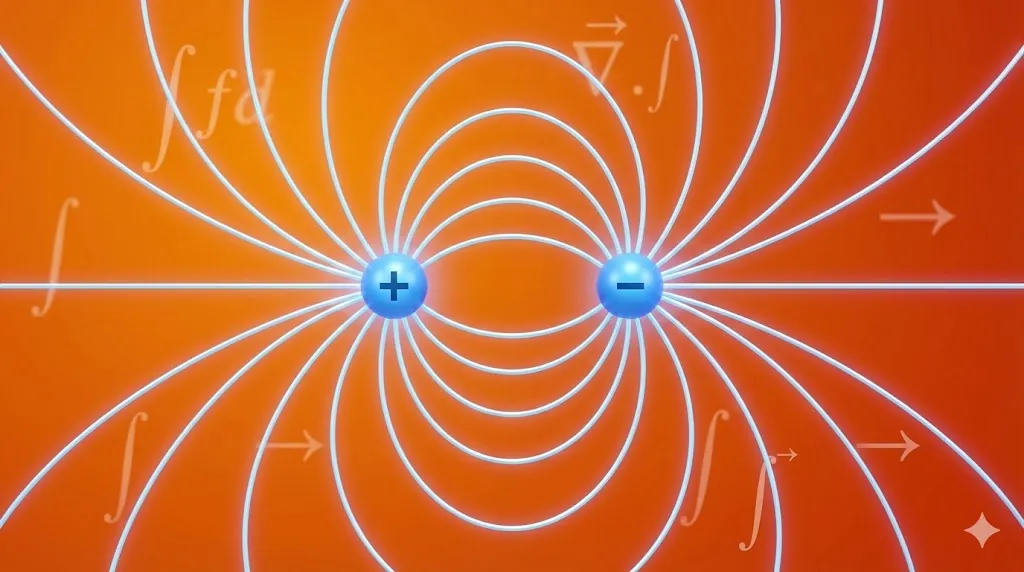 3D scientific visualization of an electric dipole with glowing blue positive and negative charges connected by curved orange electric field lines. Electric field and charges