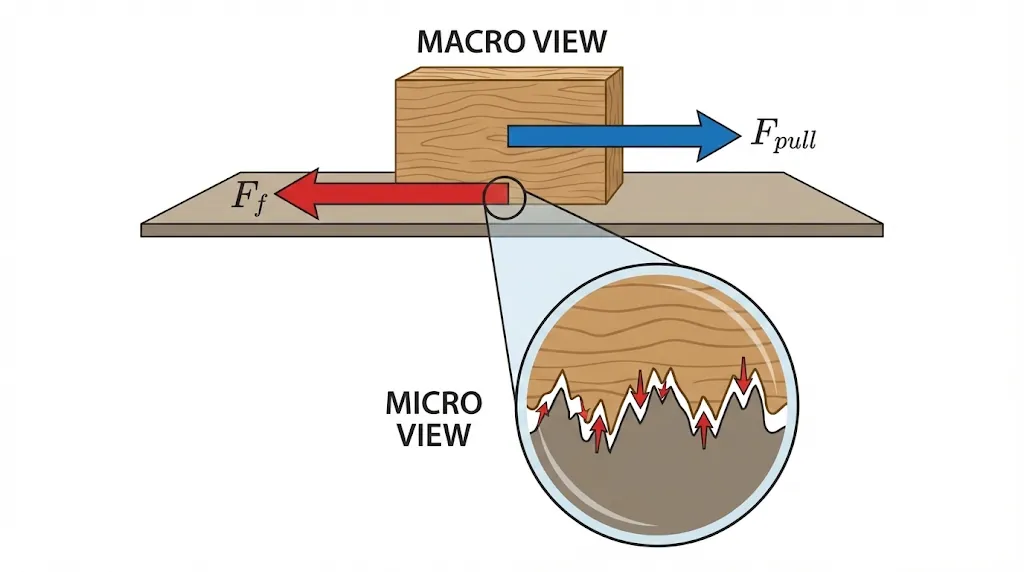 Illustration of a wooden block on a table with a magnifying glass zoom bubble showing rough microscopic jagged edges interlocking.