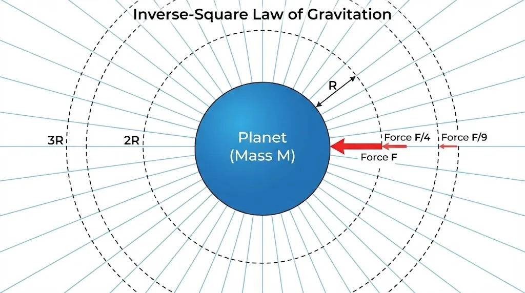Diagram illustrating Newton's Inverse Square Law showing gravitational force decreasing as 1/r^2 as distance increases.