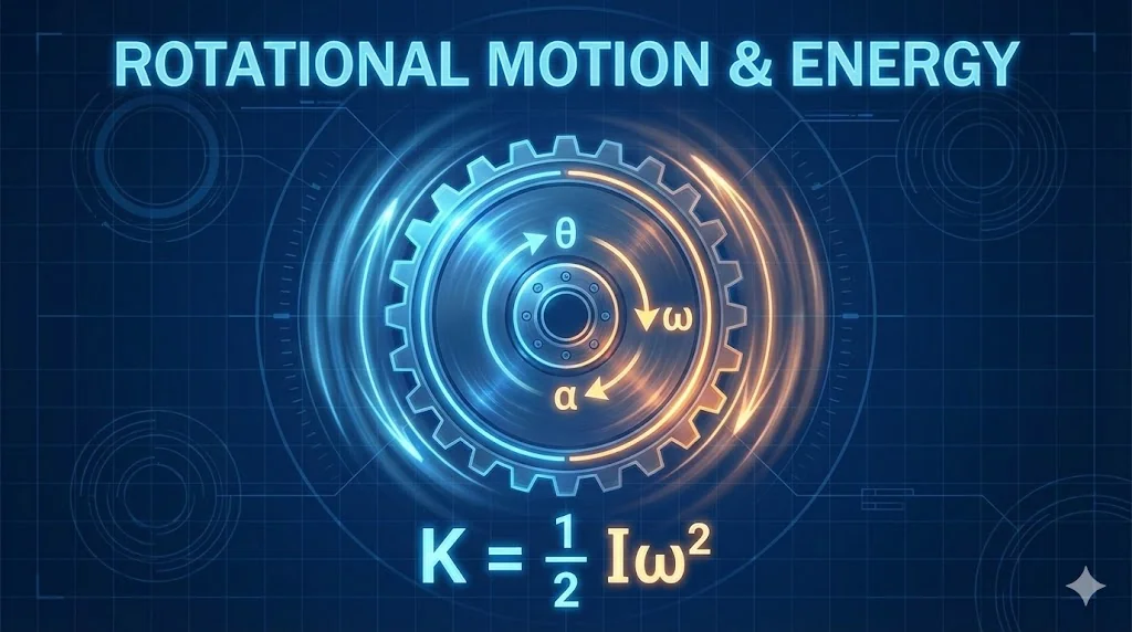 ap physics 1: Rotational Motion & Energy. A high-tech physics illustration titled "ROTATIONAL MOTION & ENERGY" showing a spinning flywheel with symbols for angular displacement, velocity, and acceleration, plus the kinetic energy formula.