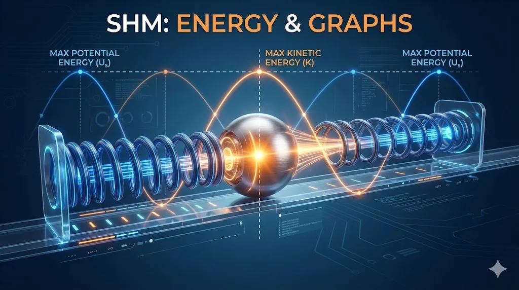 A visualization of a spring system where the mass glows orange at the center (maximum kinetic energy) and the spring glows blue at the extremes (maximum potential energy).