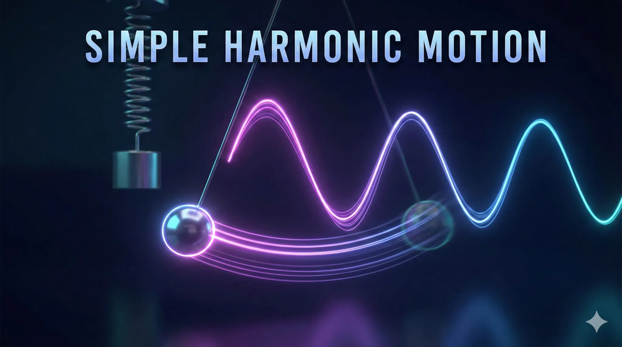 A futuristic physics illustration titled "SIMPLE HARMONIC MOTION" featuring a glowing pendulum swinging to create a neon sine wave trail, with a mass-spring system in the background.