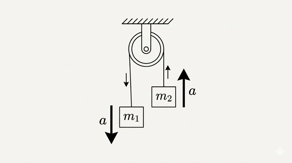 Pulley system diagram showing equal magnitude accelerations of connected bodies with opposite directions, string geometry emphasized, minimalist physics illustration.