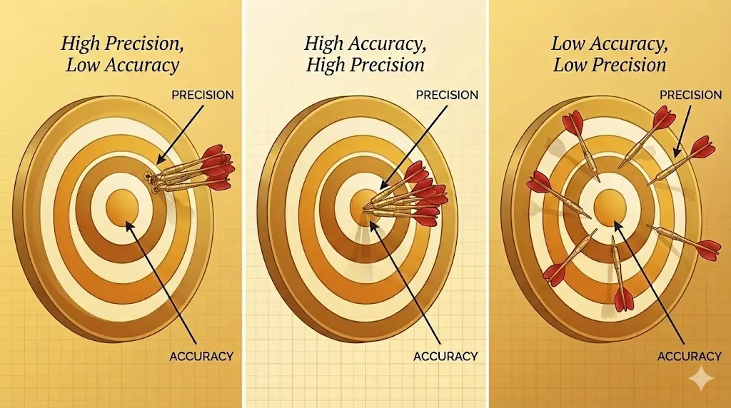 Dartboard illustration showing the difference between high precision (grouped shots) and high accuracy (bulls-eye).