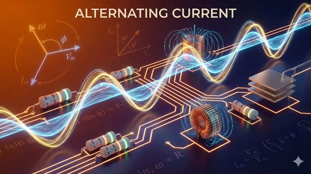3D visualization of alternating current waveforms and circuit components.