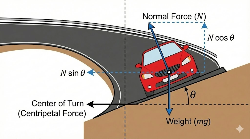 Forces acting on a car on a banked road turn.
