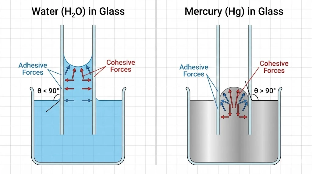 Capillary rise and fall showing concave and convex menisci.
