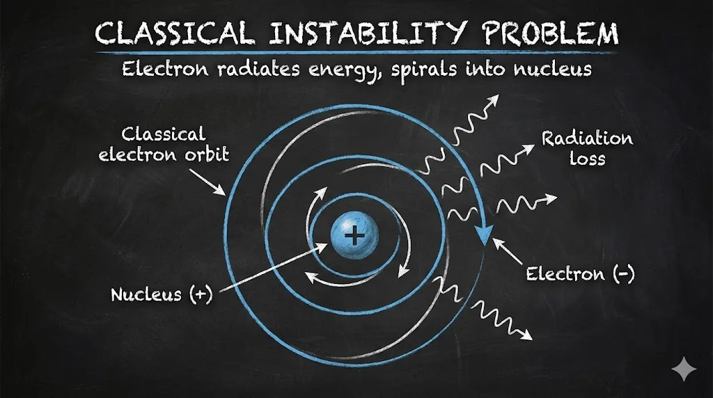 Electron spiraling into nucleus in classical model