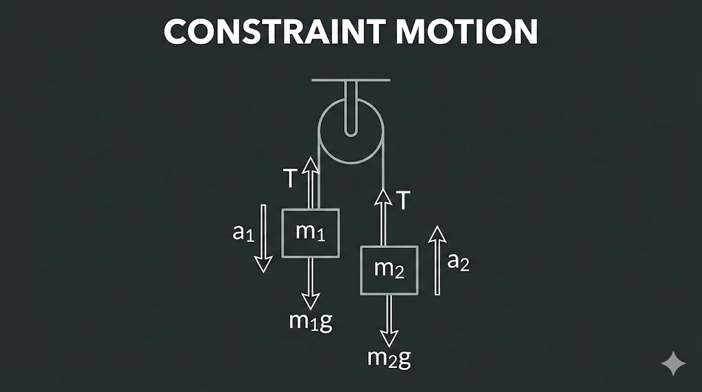 Two blocks connected by a string over a pulley showing constrained motion