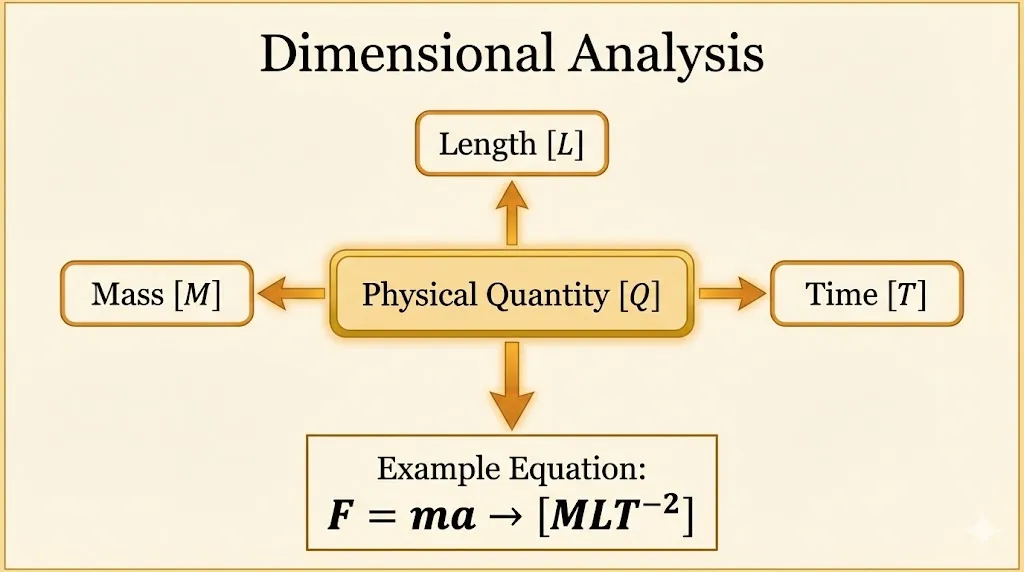 Flowchart connecting physical quantities to fundamental dimensions Mass [M], Length [L], and Time [T].