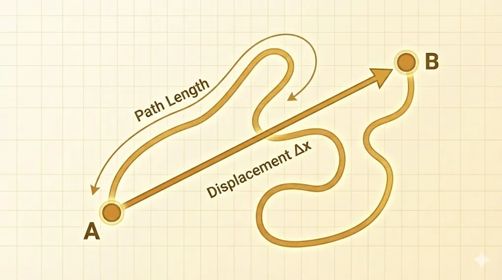 Diagram comparing total path length and displacement vector.