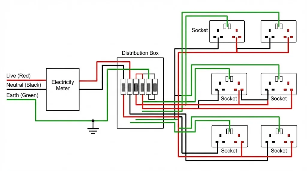 Schematic diagram of domestic wiring showing Live, Neutral, and Earth wires.