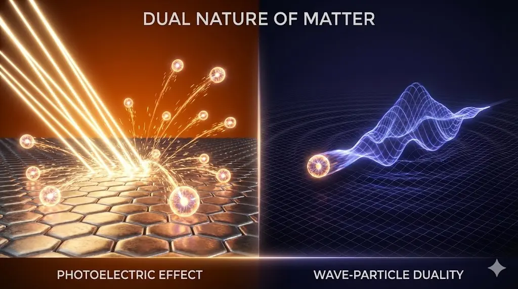 DUAL NATURE OF RADIATION AND MATTER. 3D illustration showing photoelectric effect and electron wave nature.