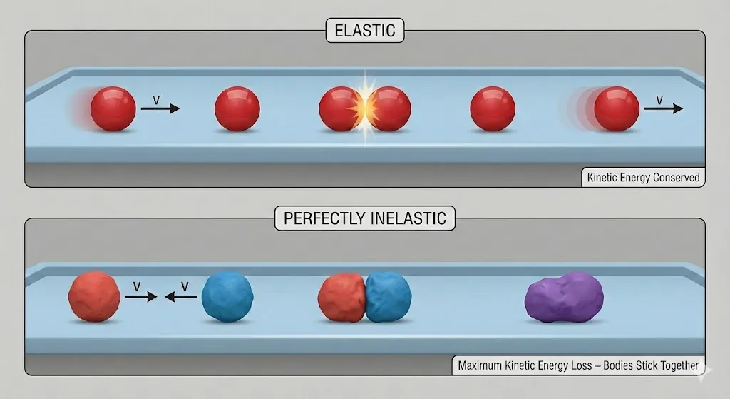 Visual comparison between elastic and inelastic collisions.