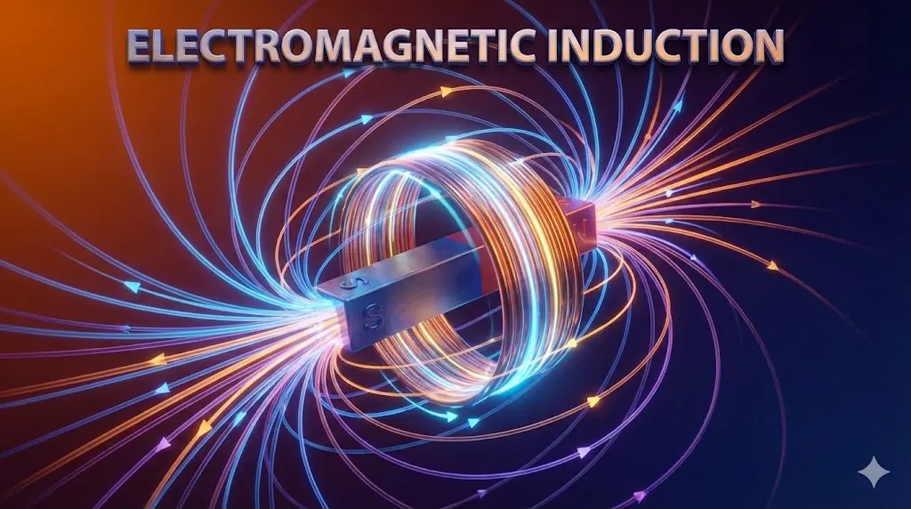3D illustration of a magnet inducing current in a coil.