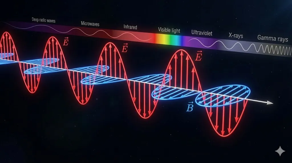 3D visualization of an electromagnetic wave showing E and B fields.