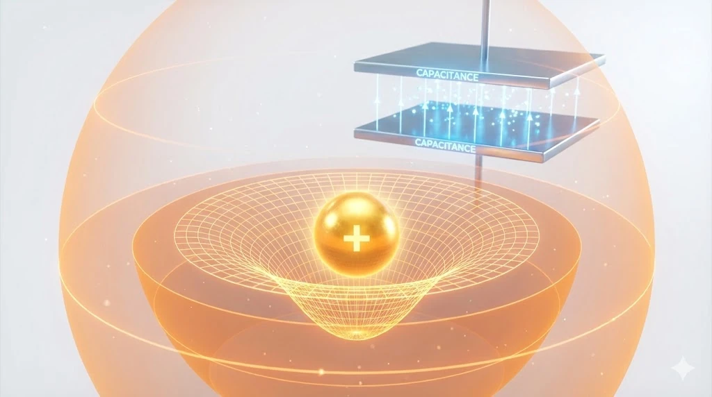 3D scientific visualization showing electric potential surfaces around a charge and a parallel plate capacitor glowing with stored energy.