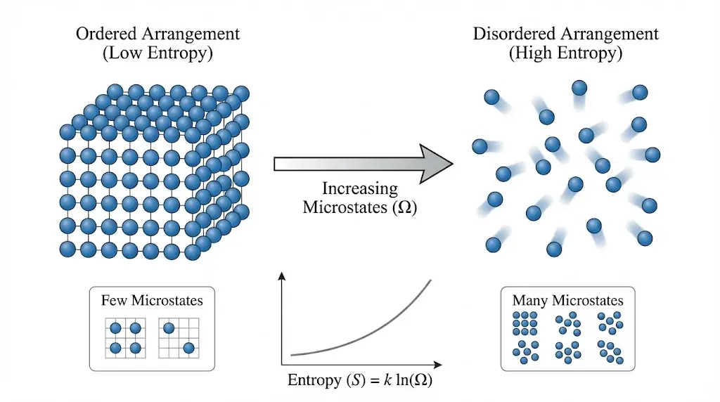 Increase in disorder and number of microstates representing entropy