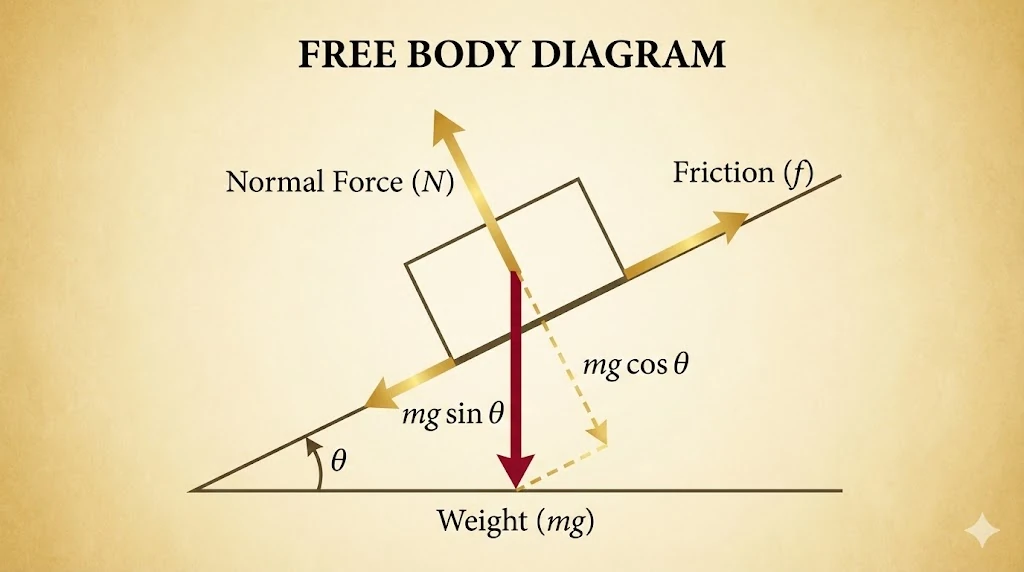 Free Body Diagram of a block on an inclined plane showing resolved forces.