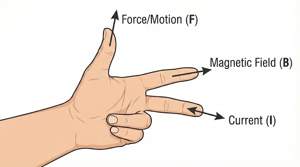 Fleming's Left-Hand Rule showing Force, Field, and Current directions.