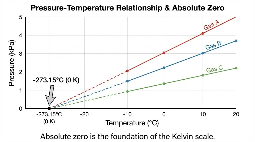 Pressure vs Temperature graph for gas thermometer showing extrapolation to absolute zero.