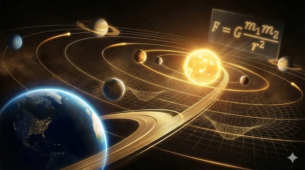 Solar system visualization with orbital paths and gravitational equations.