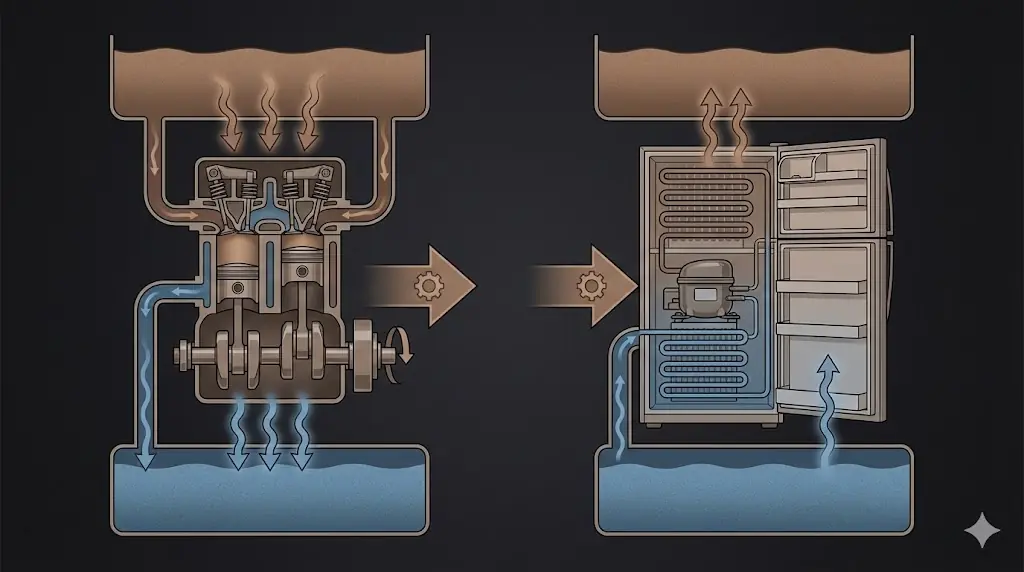 Heat engine and refrigerator compared side by side