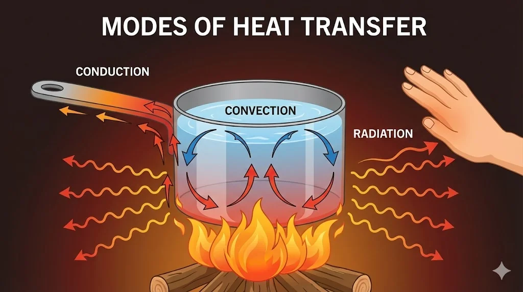Diagram illustrating Conduction, Convection, and Radiation in a single setup.