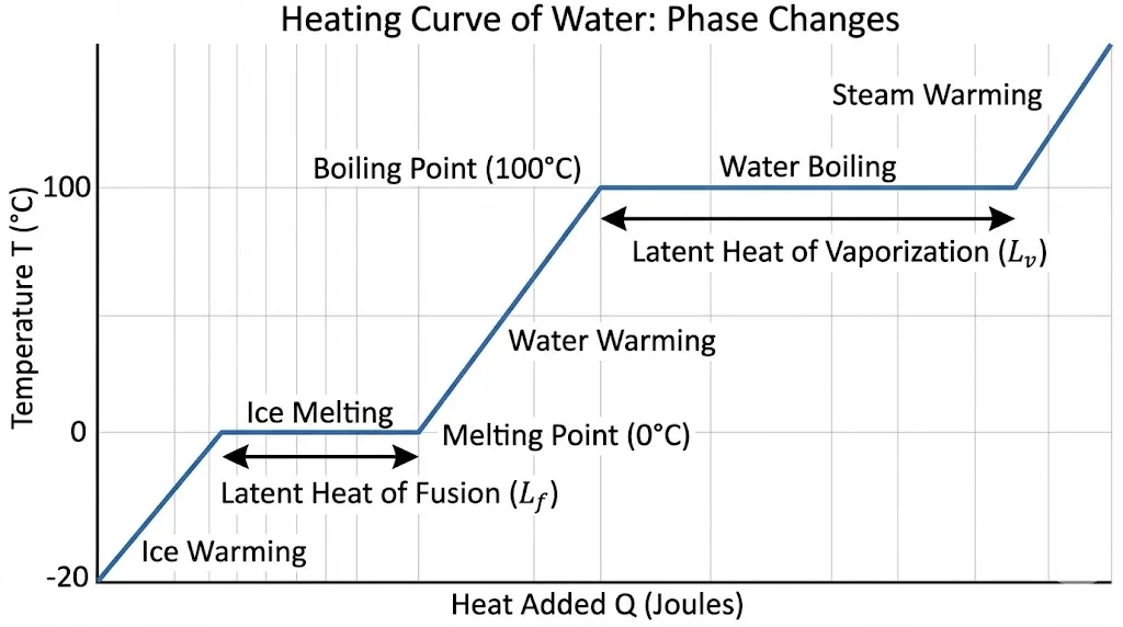 Temperature-Heat graph showing phase changes and latent heat plateaus.