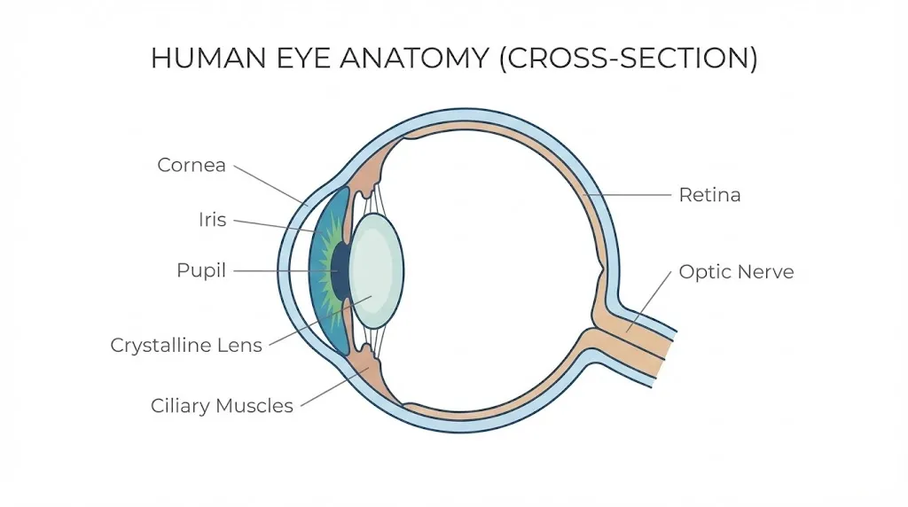 Anatomy of the Human Eye showing Cornea, Iris, Pupil, Lens, and Retina.