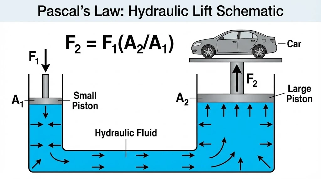 Hydraulic lift schematic showing force multiplication using Pascal's Law.
