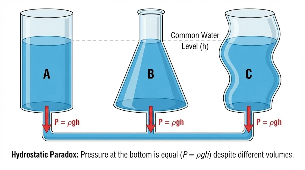 Three differently shaped vessels with same water level.