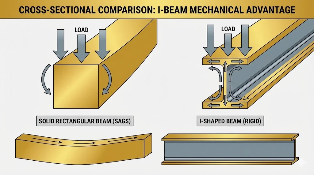 Comparison of I-beam and rectangular beam under load.