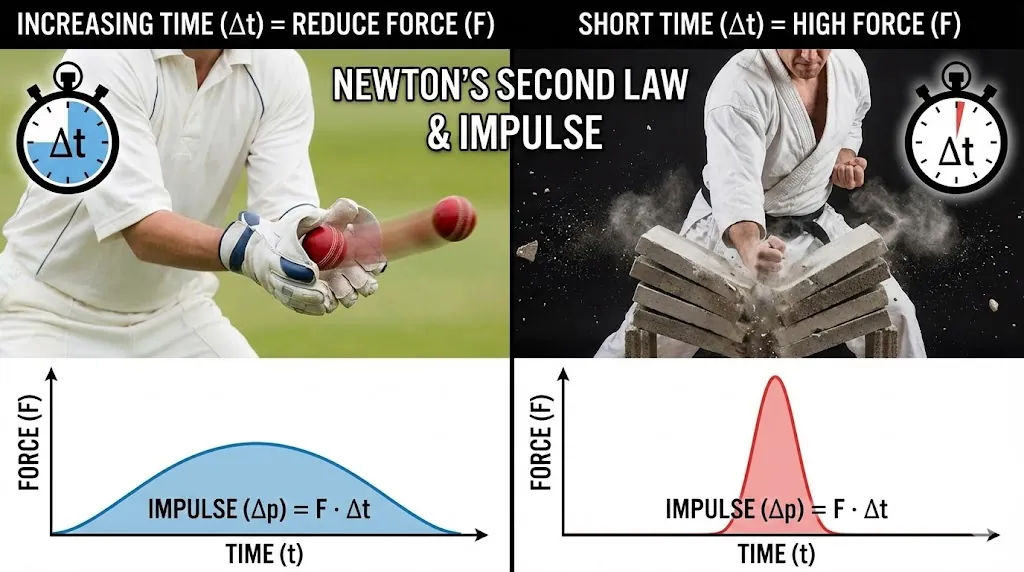 Real-world examples of Impulse: Catching a cricket ball vs. Karate chop.