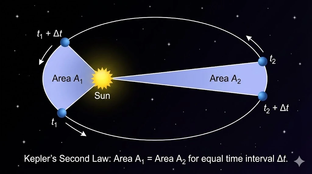 Diagram demonstrating Kepler's Law of Equal Areas.
